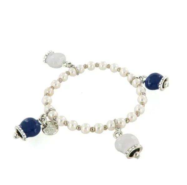 CAPRI Bracciale elastico con perle, ciondoli campanelle portafortuna bianche, blu e cristalli 3571693