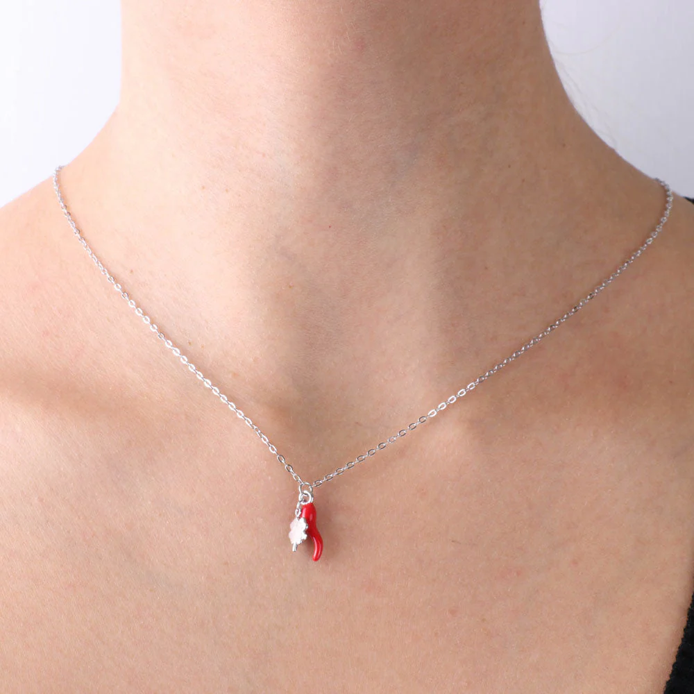 Collana in Argento con corno rosso e quadrifoglio 1402164 - immagine 3