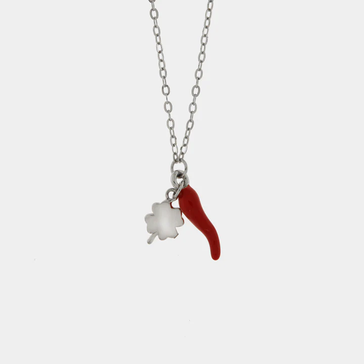 Collana in Argento con corno rosso e quadrifoglio 1402164