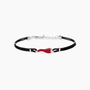Bracciale Mabina con cornetto rosso in argento e cordino nero 534119