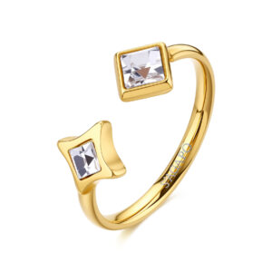 Anello S'Agapõ regolabile in acciaio e finitura Dorato con cristalli SCE62