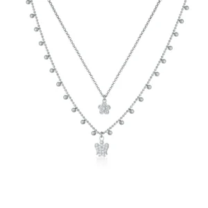 Collana A Doppia Catena Con Angelo E Fiore Charms In Argento E Zirconi SKU: GIA390